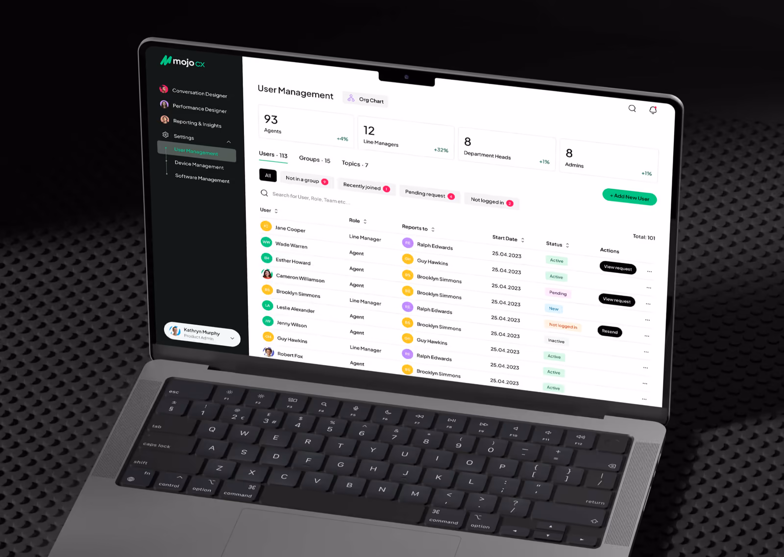 MOJO CX user management on a laptop